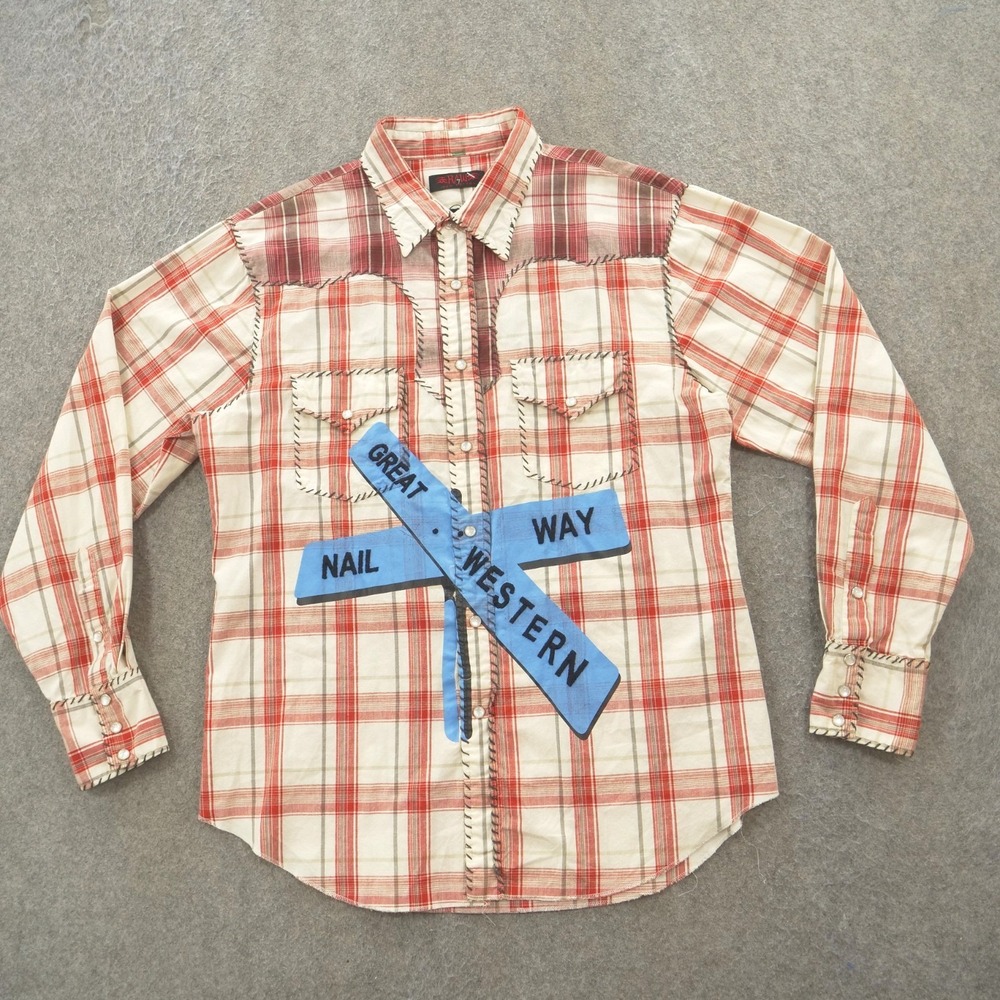 RAW 7 Shirt Mens Large Red White Button Up Plaid Hand Embroidery Western